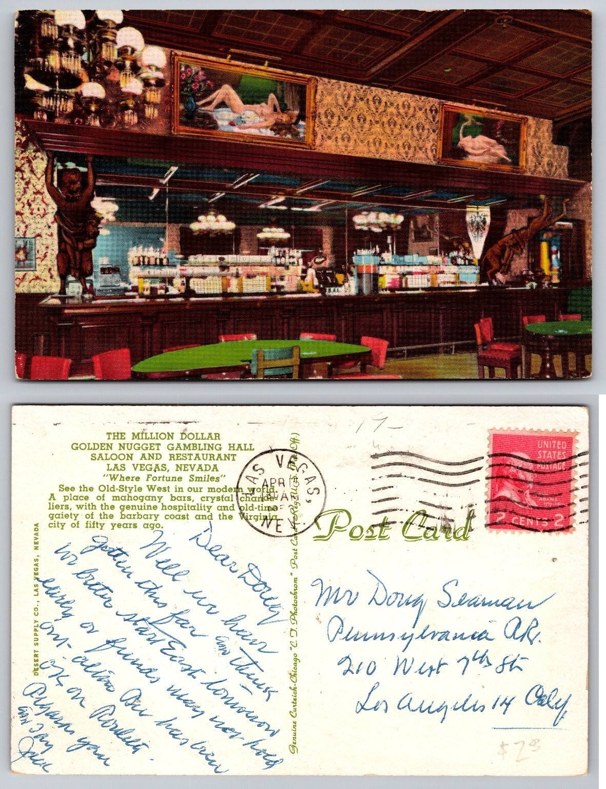 Vintage Golden Nugget Gambling Hall Las Vegas NV Postcard Posted 1950s
