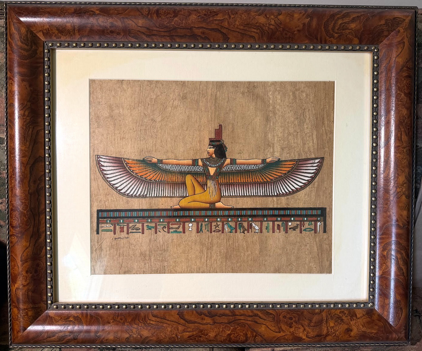 Signed Egyptian Papyrus Winged Goddess Painting 21x25 Framed arts-Adel Ghabbour Signed Egyptian Papyrus Winged Goddess Painting 21x25 Framed arts-Adel Ghabbour