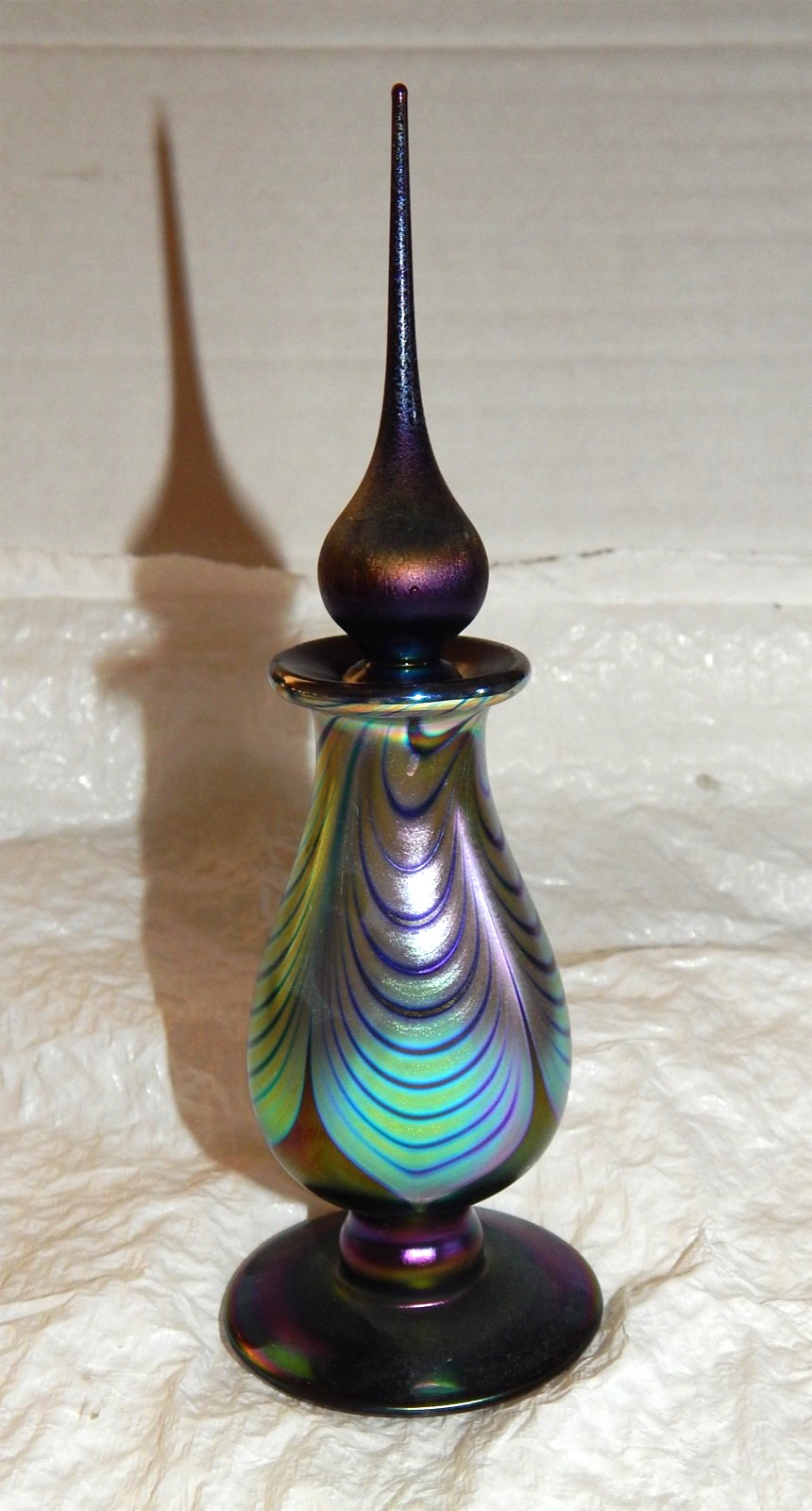 Vintage American Hand-Blown Blue Iridescent Perfume Bottle signed 7"x2.5" Vintage American Hand-Blown Blue Iridescent Perfume Bottle signed 7"x2.5"