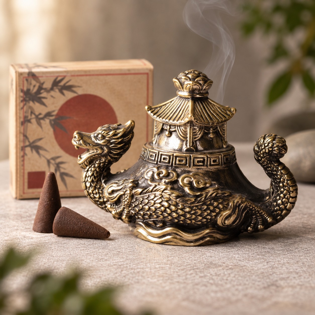 Vintage Japan Dragon Pagoda Incense Burner Censer Gold Tone Cast Metal 4"