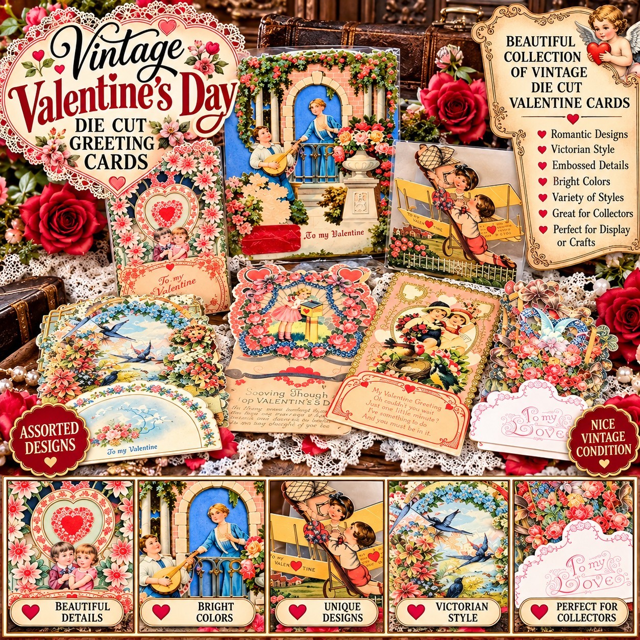 Antique Victorian Die Cut Valentine Cards Lot - Pop Up and Others - Nice Lot