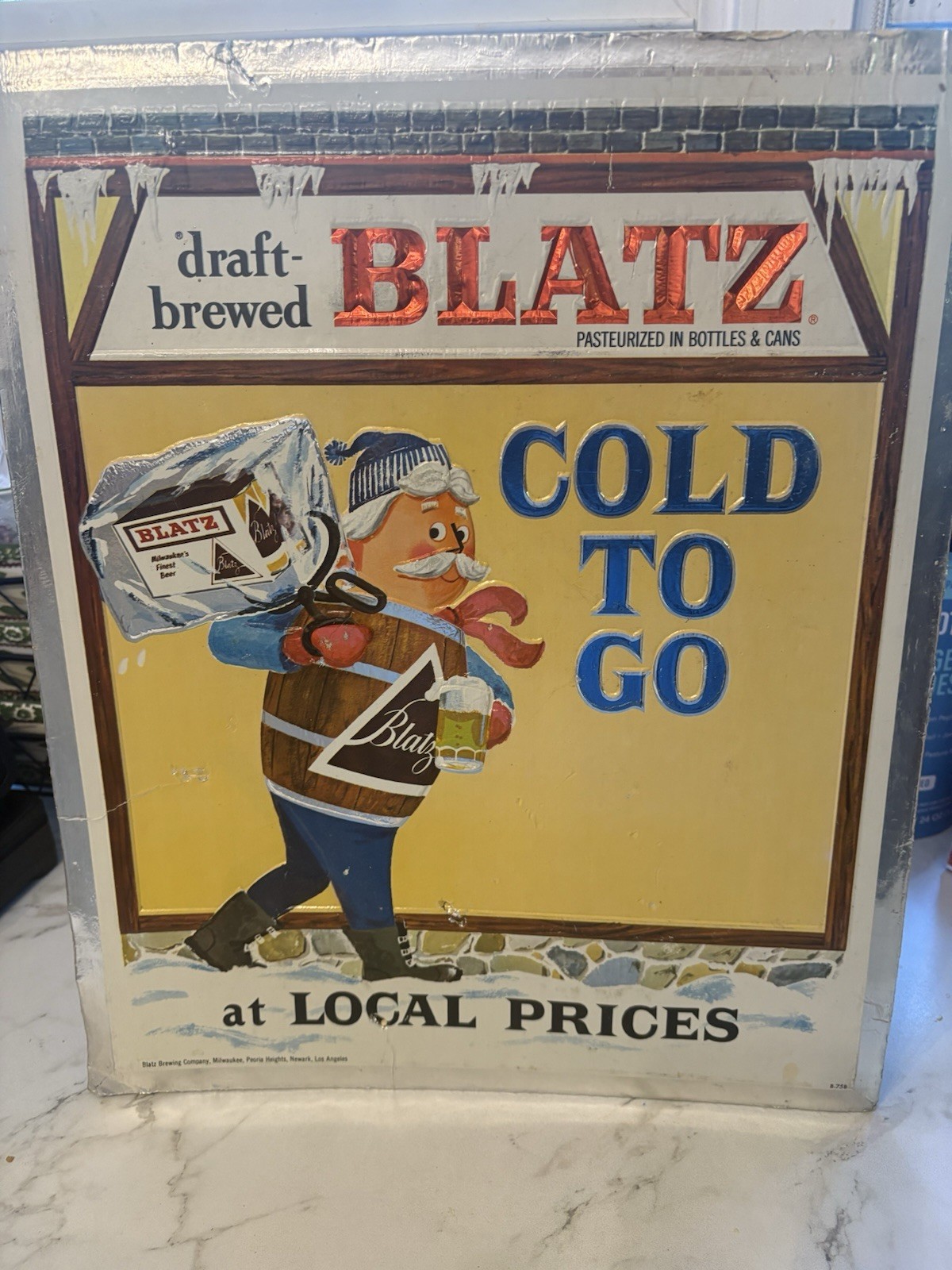 X-RARE 1950s-60s BLATZ BEER KEG/MAN/HEAVY EMBOSSED CARDBOARD/FOIL SIGN 14” X 17” X-RARE 1950s-60s BLATZ BEER KEG/MAN/HEAVY EMBOSSED CARDBOARD/FOIL SIGN 14” X 17”