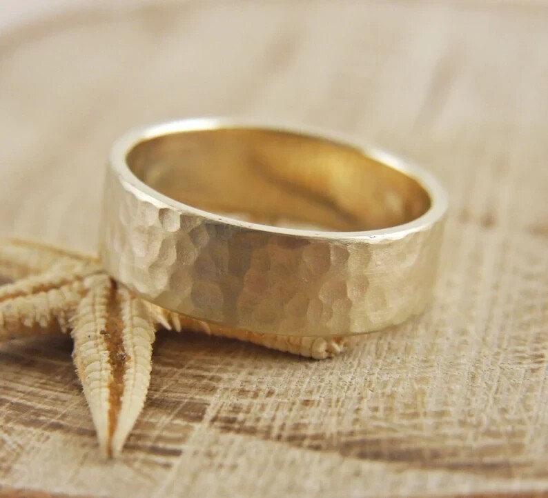 7mm*1.3mm Solid 10K Yellow Gold Over Thick Hammered Wedding Band Ring For Men's 7mm*1.3mm Solid 10K Yellow Gold Over Thick Hammered Wedding Band Ring For Men's