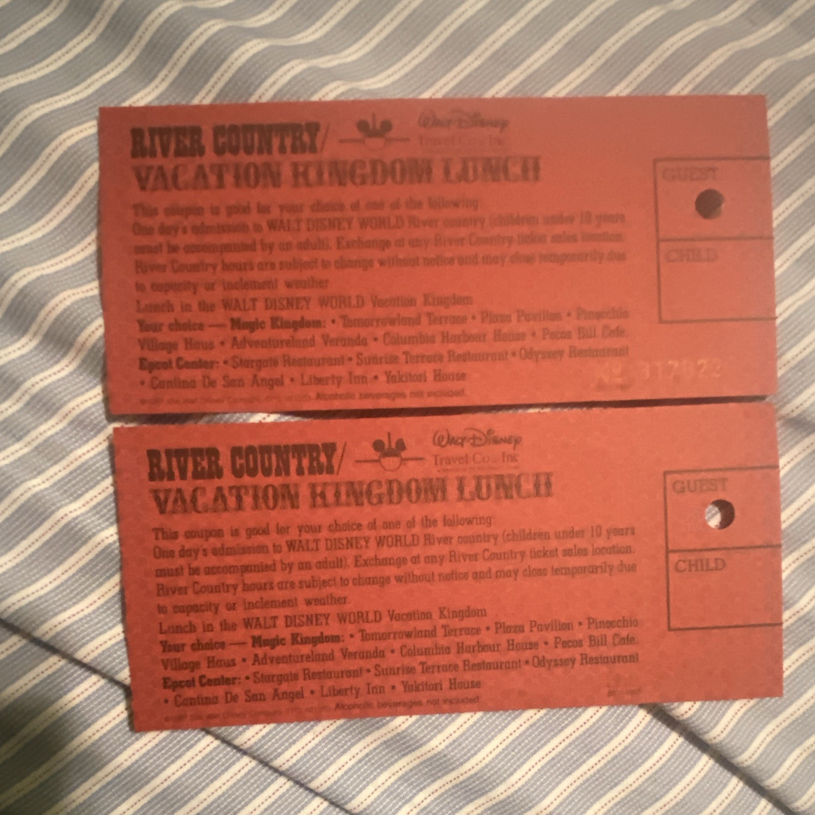 1986 Walt Disney Travel Co. Disney River Country Lunch Coupons Guest/Child (2) 1986 Walt Disney Travel Co. Disney River Country Lunch Coupons Guest/Child (2)
