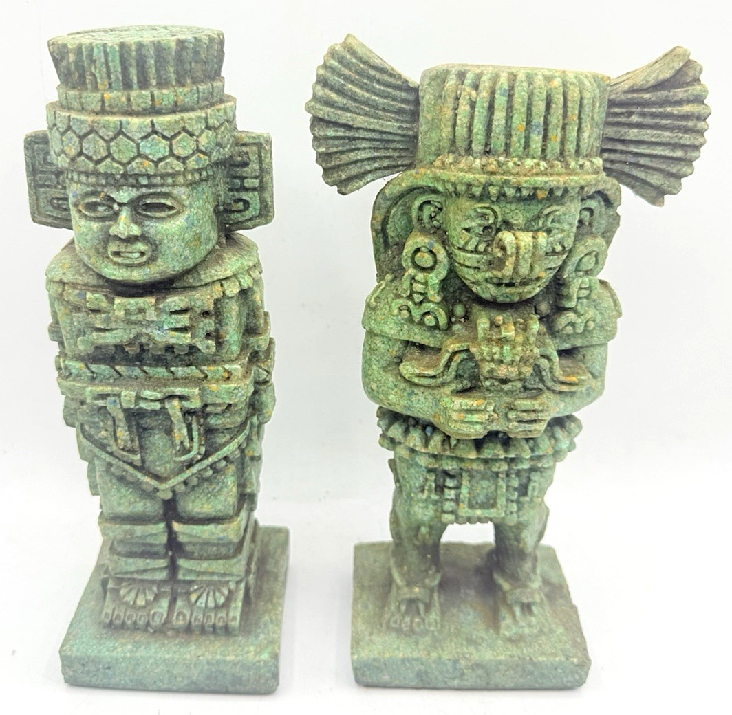 Vtg Aztec Mayan Style Heavy Carved Stone Figures Green Patina Mesoamerican (2PC) Vtg Aztec Mayan Style Heavy Carved Stone Figures Green Patina Mesoamerican (2PC)