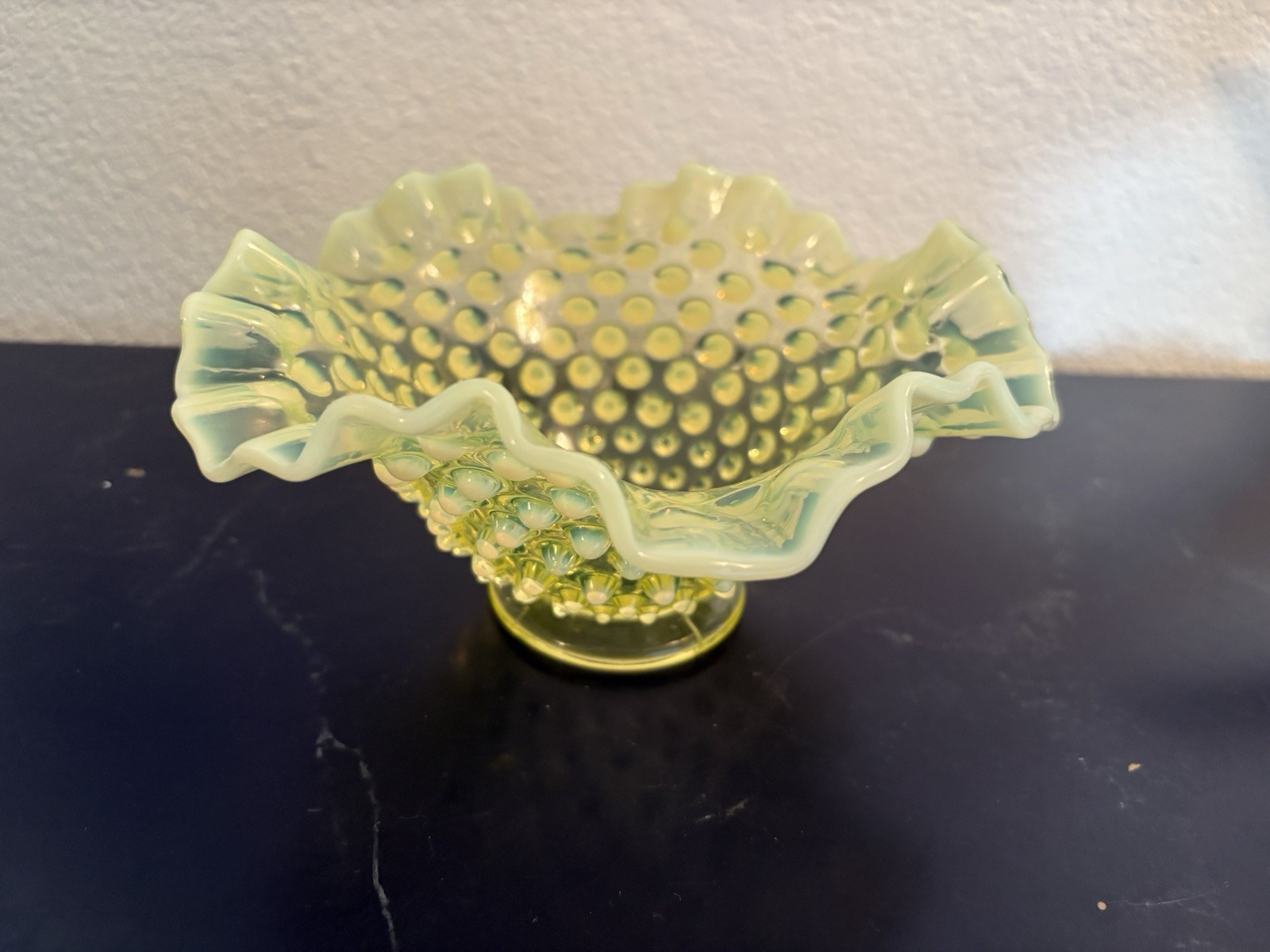 Vintage glass Fenton opalescent Topaz hobnail ruffled bowl dish . 7"