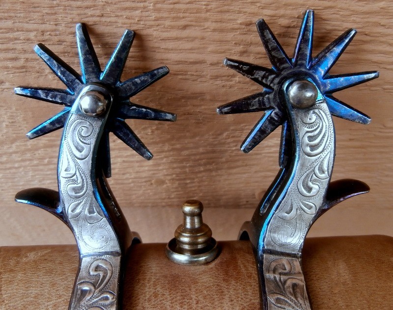 Vintage Silver Beautiful Engaved Overlay Blued Cowboy Spurs