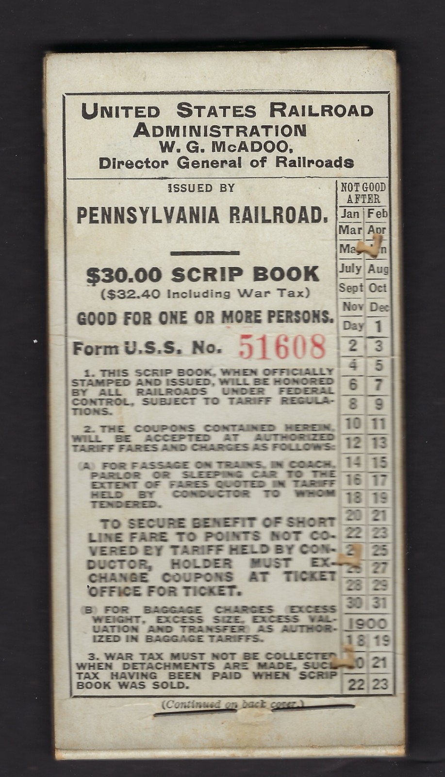 1919 Pennsylvania Railroad $30.00 Scrip Book with tickets number 4 thru 60 1919 Pennsylvania Railroad $30.00 Scrip Book with tickets number 4 thru 60