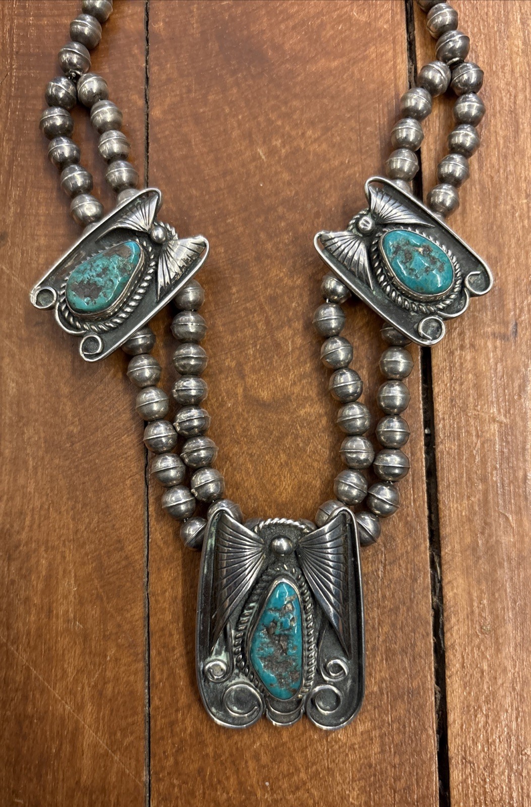 Vintage Native American Turquoise Necklace Sterling Silver Navajo SIGNED F.P.B