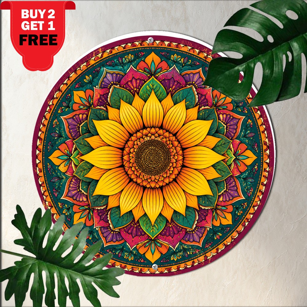 Bohemian Sunflower Mandala Art Round Metal Sign Spiritual Meditation Tin Plaque Bohemian Sunflower Mandala Art Round Metal Sign Spiritual Meditation Tin Plaque