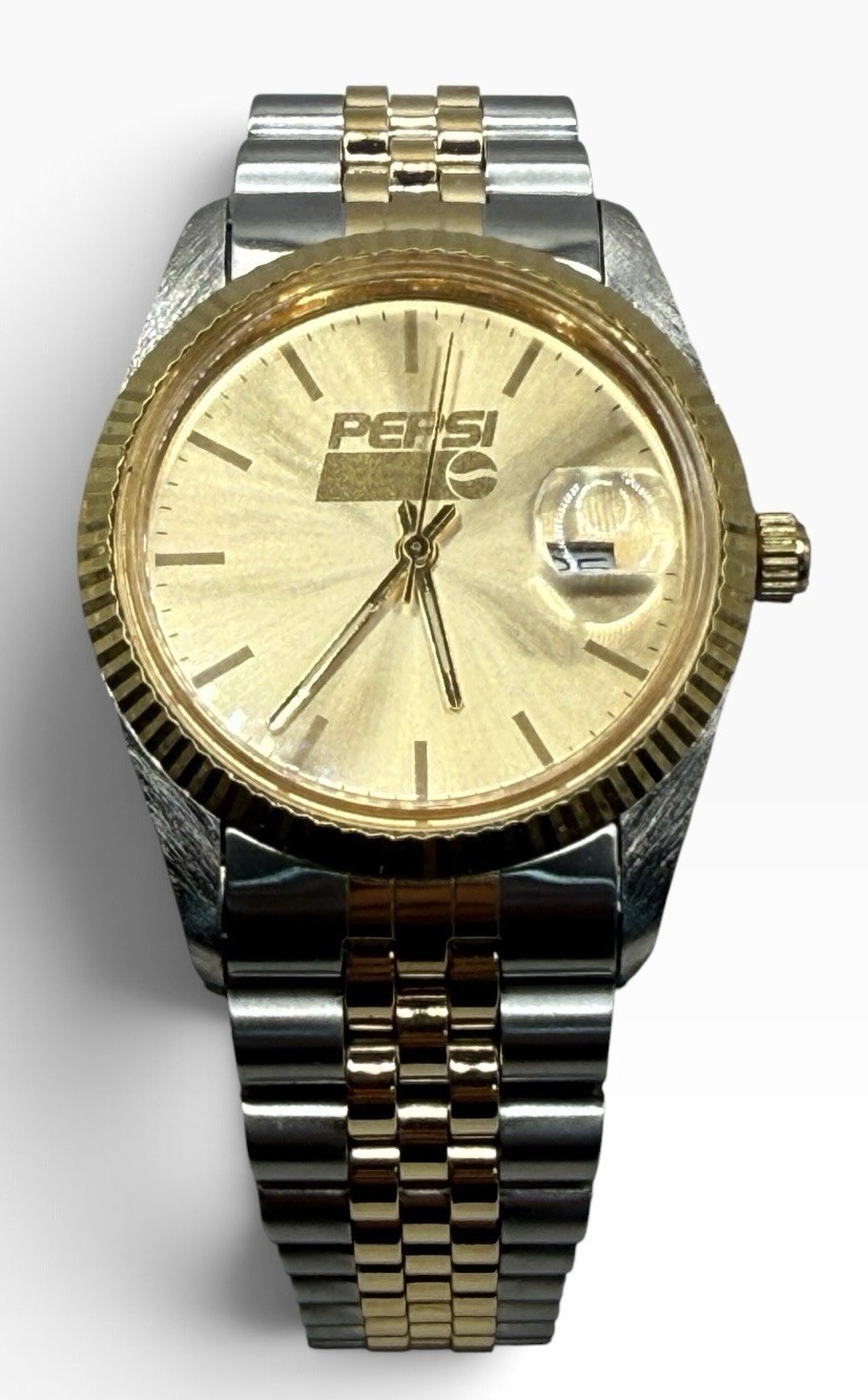 Vintage Pepsi Cola Promo Advertising Date Watch Quartz Gold Tone New Battery Vintage Pepsi Cola Promo Advertising Date Watch Quartz Gold Tone New Battery