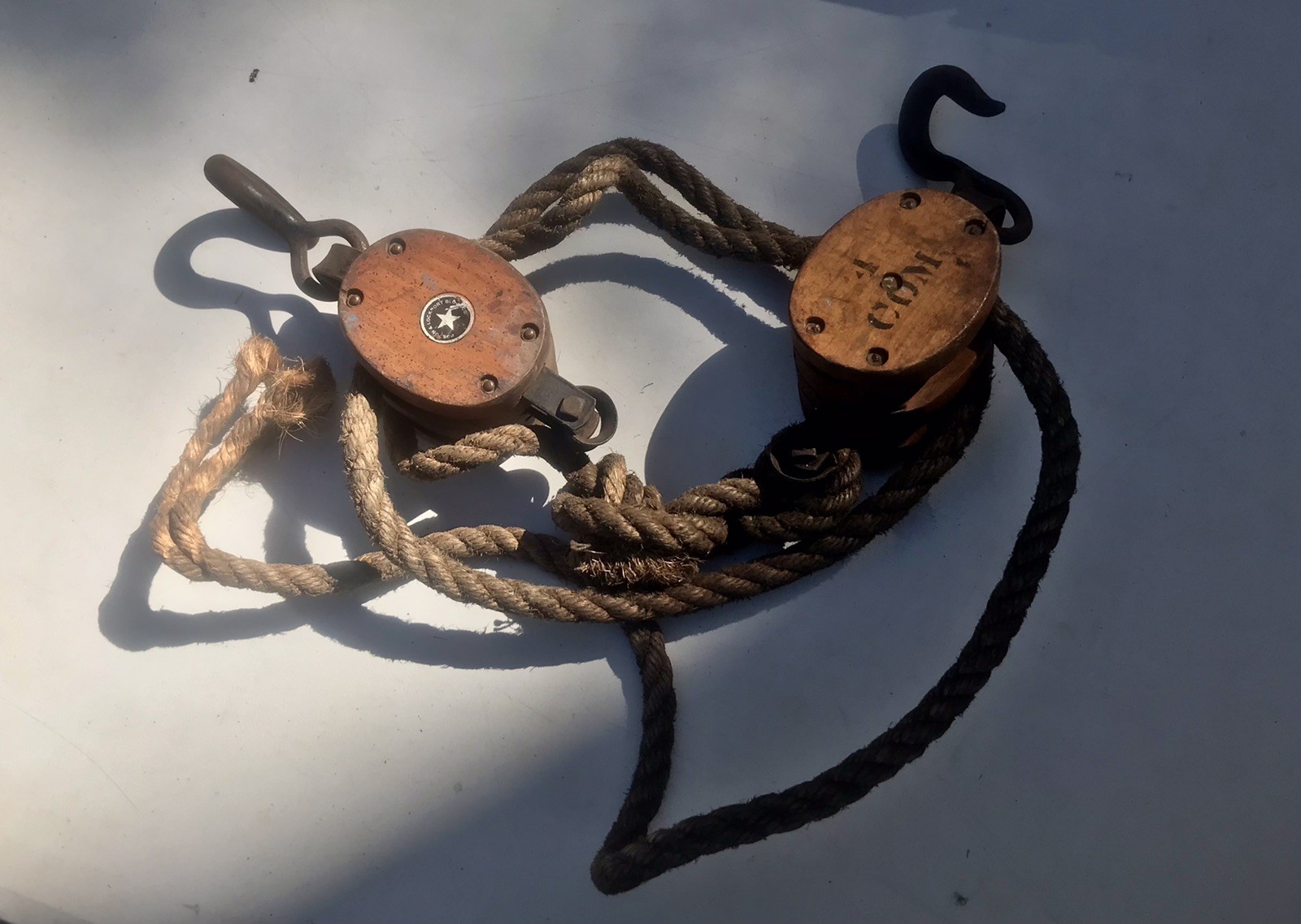 2 Antique Boston Lockport Block & Tackle Double Pulley Vintage Wood Pulleys Rope 2 Antique Boston Lockport Block & Tackle Double Pulley Vintage Wood Pulleys Rope