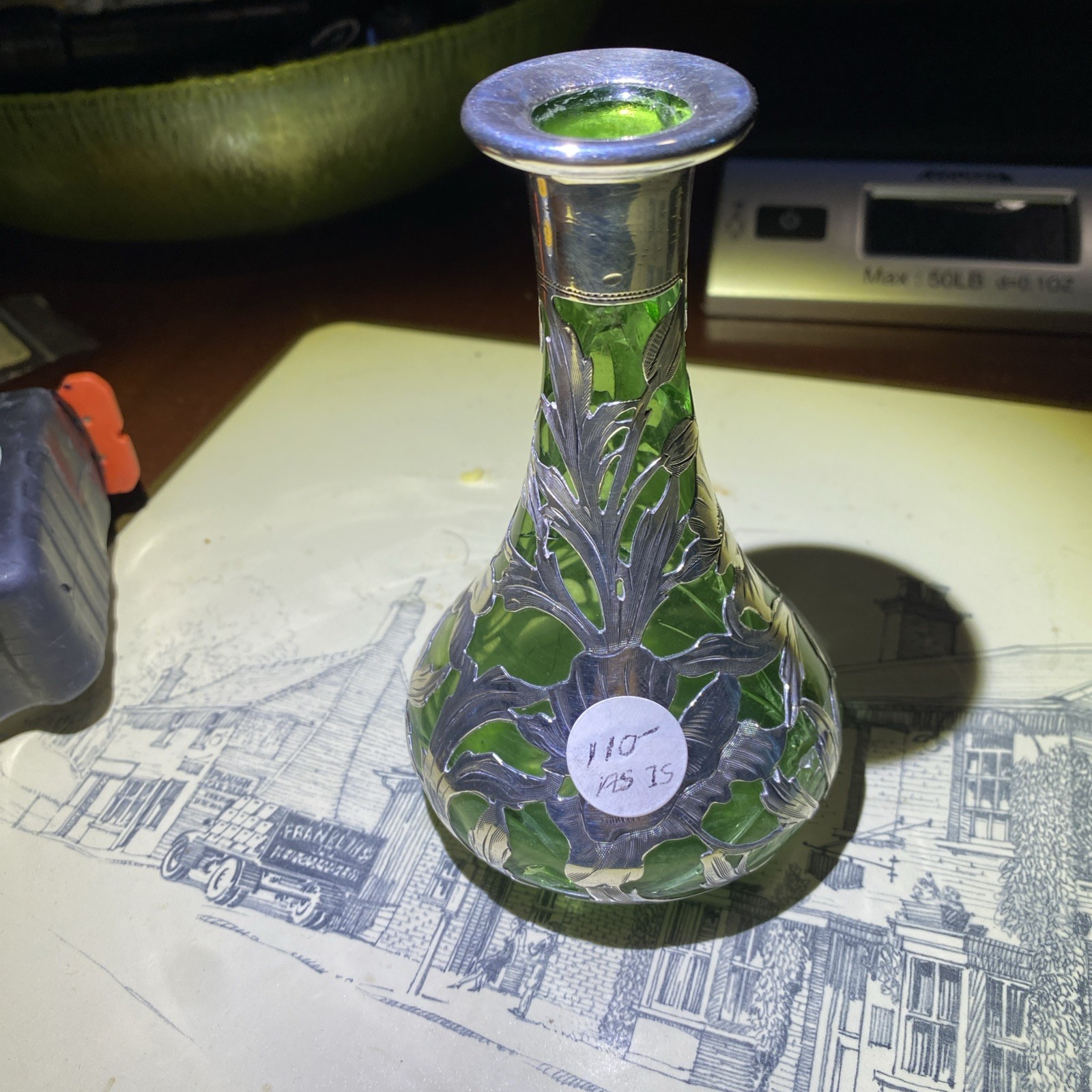Antique Alvin Art Nouveau 999 Silver Green Glass Iris Cabinet Vase HOLE C3087 Antique Alvin Art Nouveau 999 Silver Green Glass Iris Cabinet Vase HOLE C3087