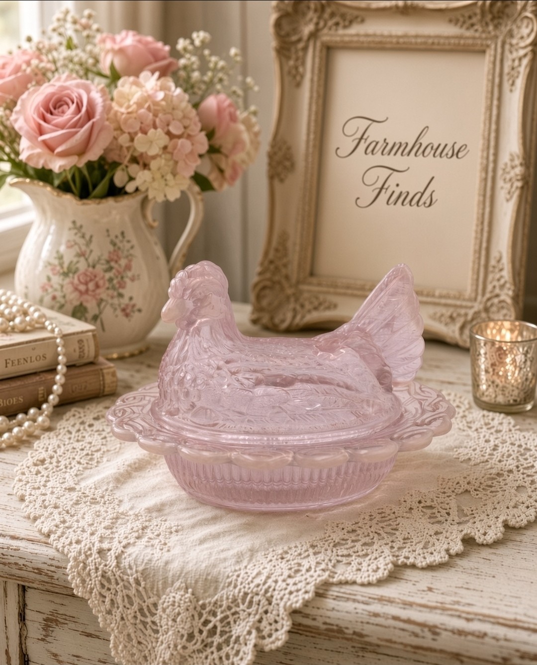 Mosser Pink Opalescent Hen on Nest Covered Dish 6.5" USA Vintage Style 