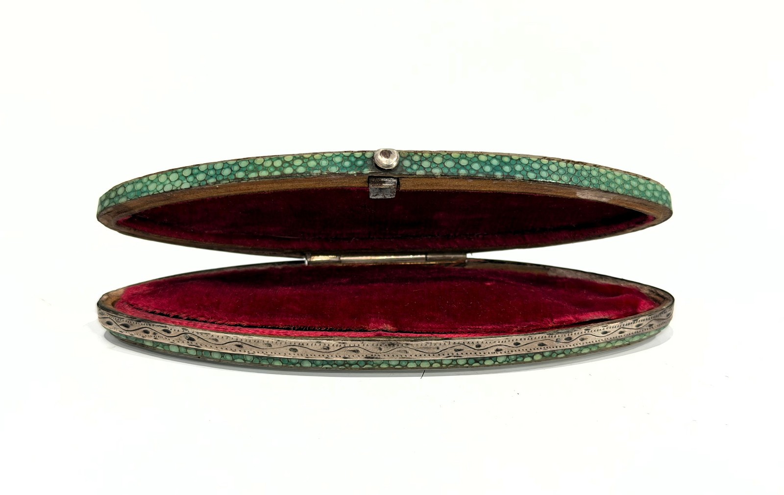 Antique 18th C. French Shagreen Silver and Mother of Pearl Navette Shaped Box Antique 18th C. French Shagreen Silver and Mother of Pearl Navette Shaped Box