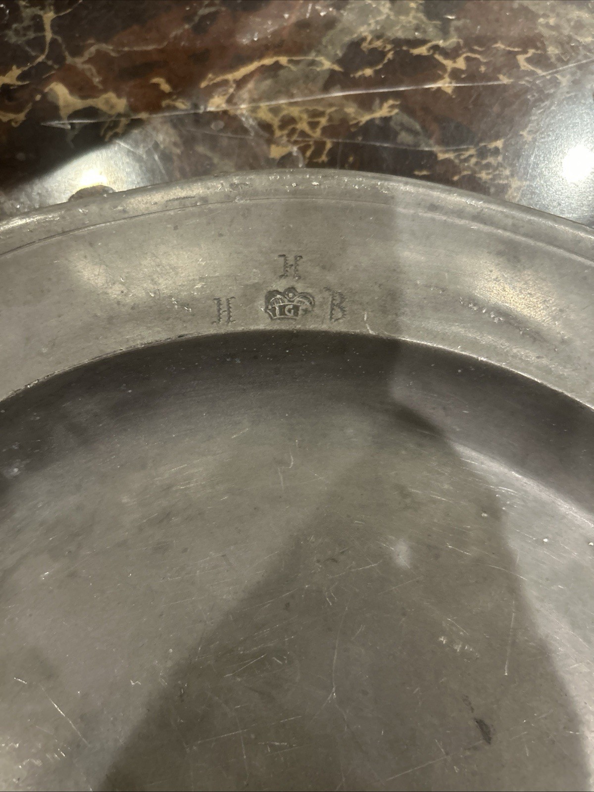 Antique 18thC Pewter Charger Platter Large 12.5" Rim Stamped Crown HB Hallmarks Antique 18thC Pewter Charger Platter Large 12.5" Rim Stamped Crown HB Hallmarks