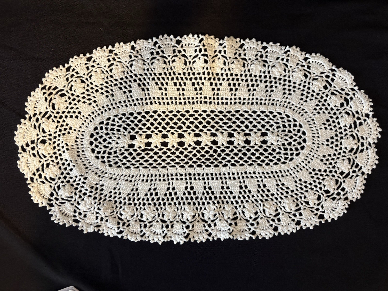 VTG Oval Handmade White Cotton Crochet Lace Doily Floral Shell Border 20”x11.5” VTG Oval Handmade White Cotton Crochet Lace Doily Floral Shell Border 20”x11.5”