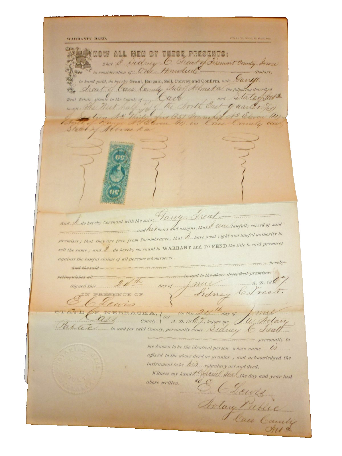 Antique 1867 Nebraska Warranty Deed Cass Co 50c Civil War Revenue Stamp Early St Antique 1867 Nebraska Warranty Deed Cass Co 50c Civil War Revenue Stamp Early St