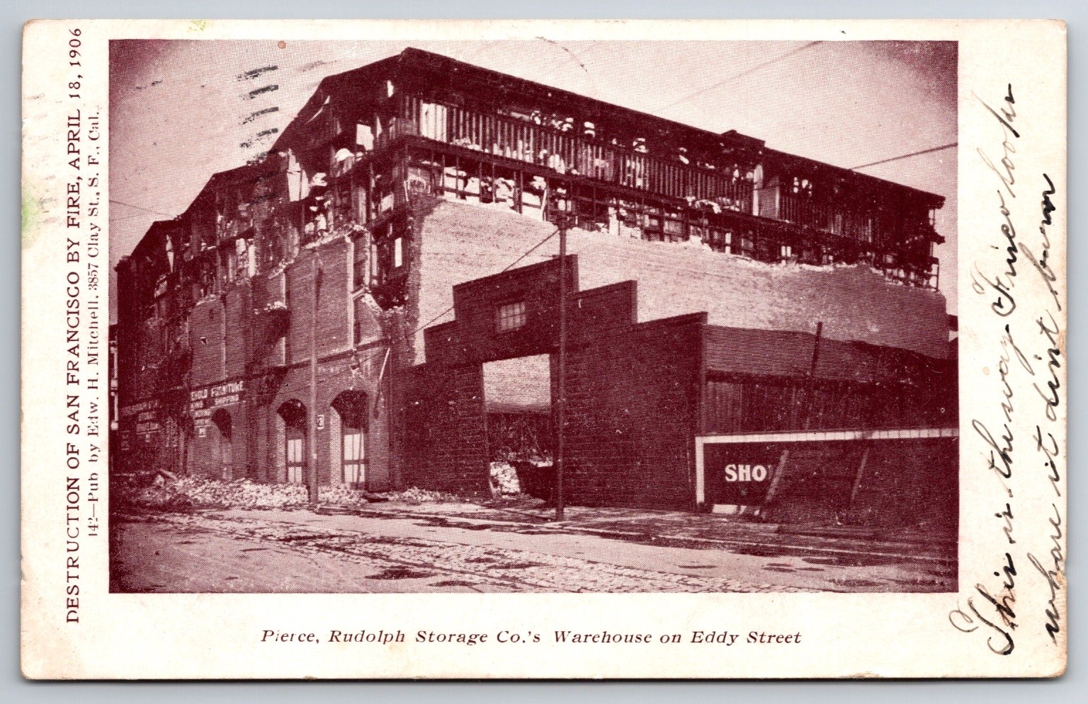 San Francisco Earthquake Fire Eddy St Warehouse- 1906 Posted udb Postcard