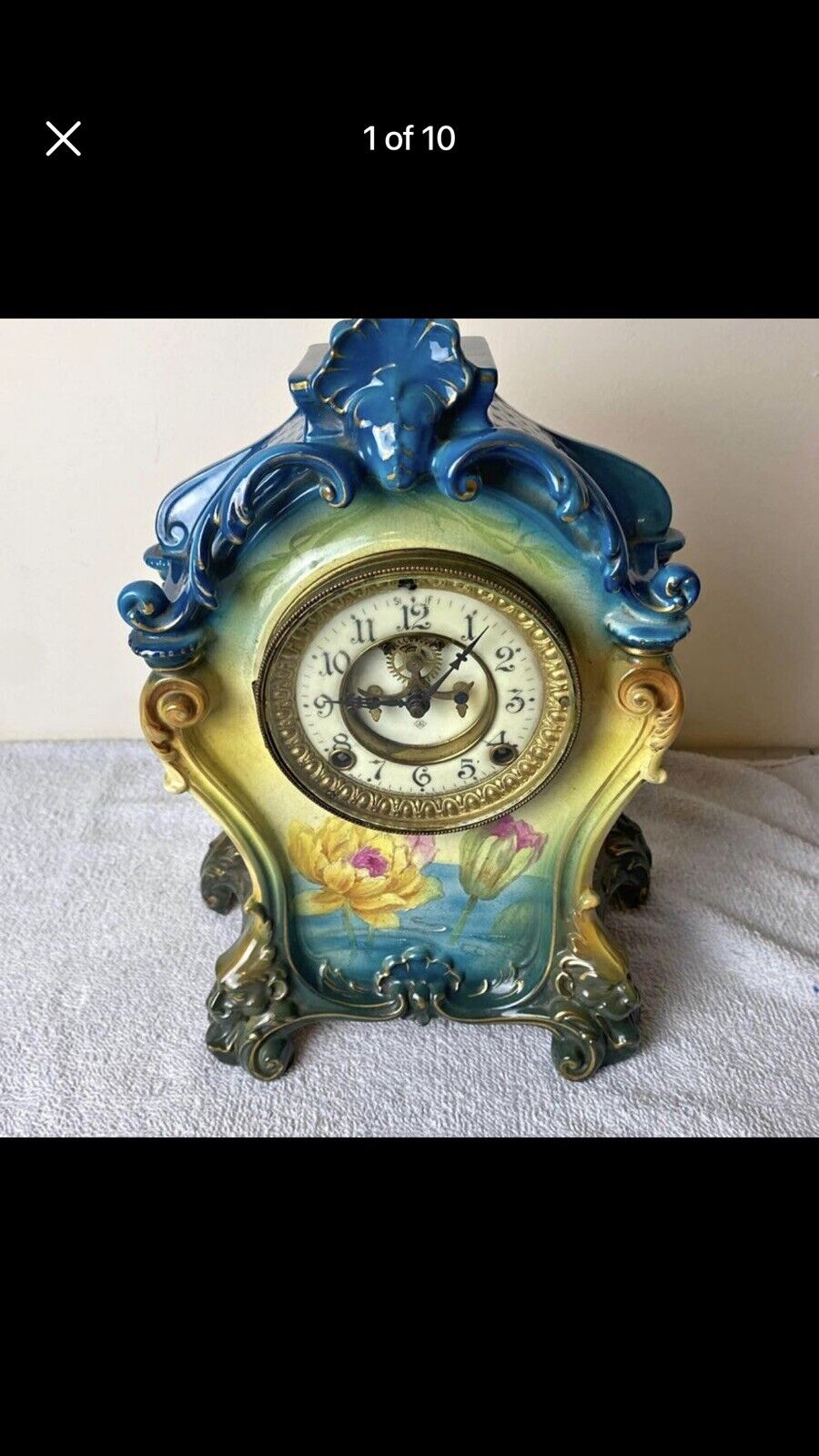 Antique Ansonia Open Escapement Royal Bonn Porcelain Clock /  La Mine