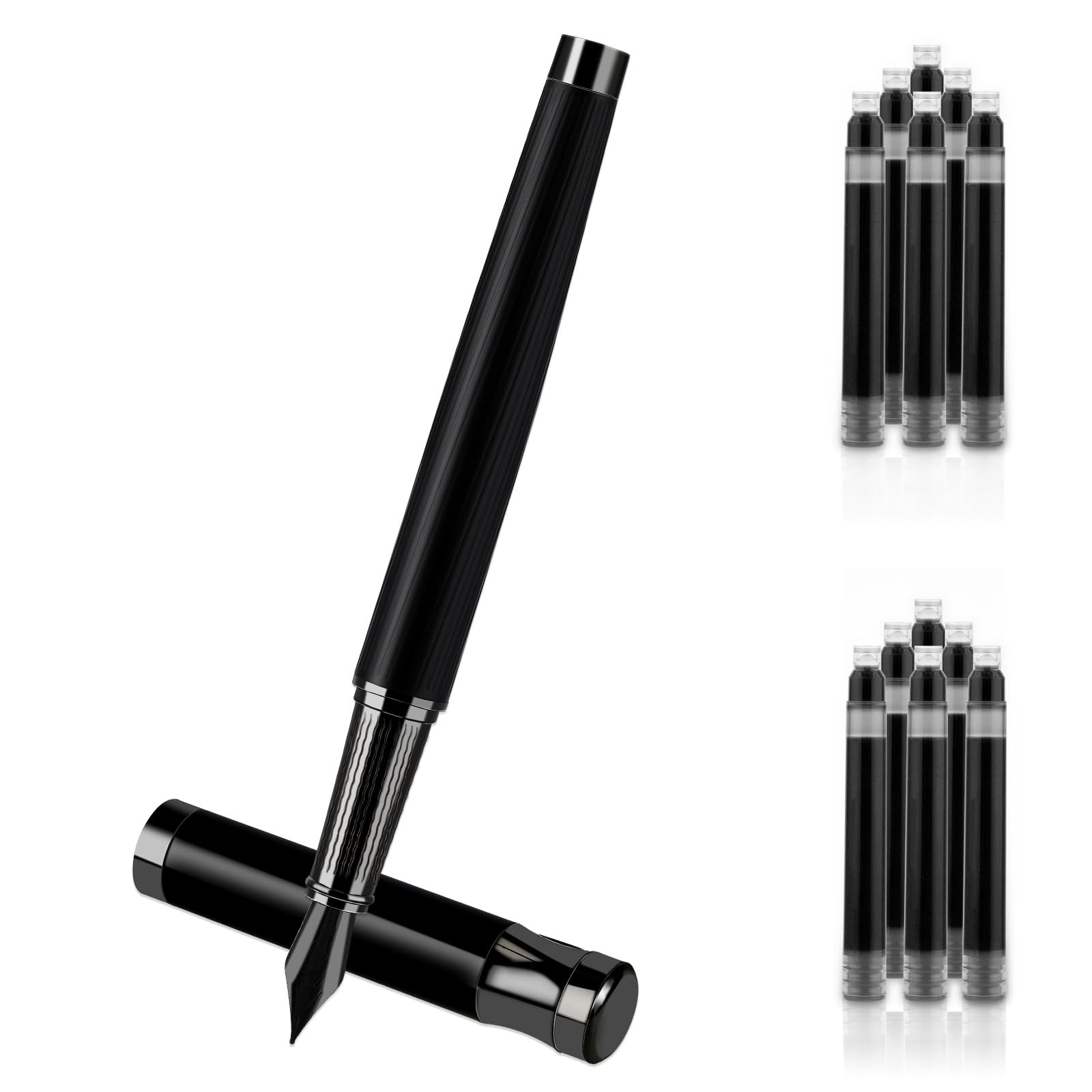 Amaxiu Luxury Metal Pen Set - Fine Nib Fountain Pen with Converter and 10 Black
