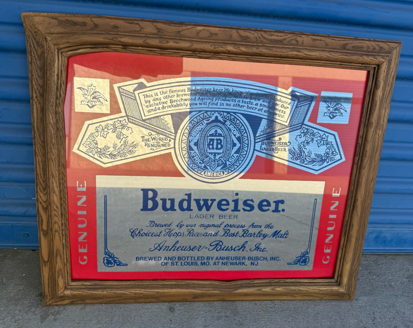 Vintage Budweiser Genuine Beer Bar Mirror Faux Wood Resin Frame 25x20