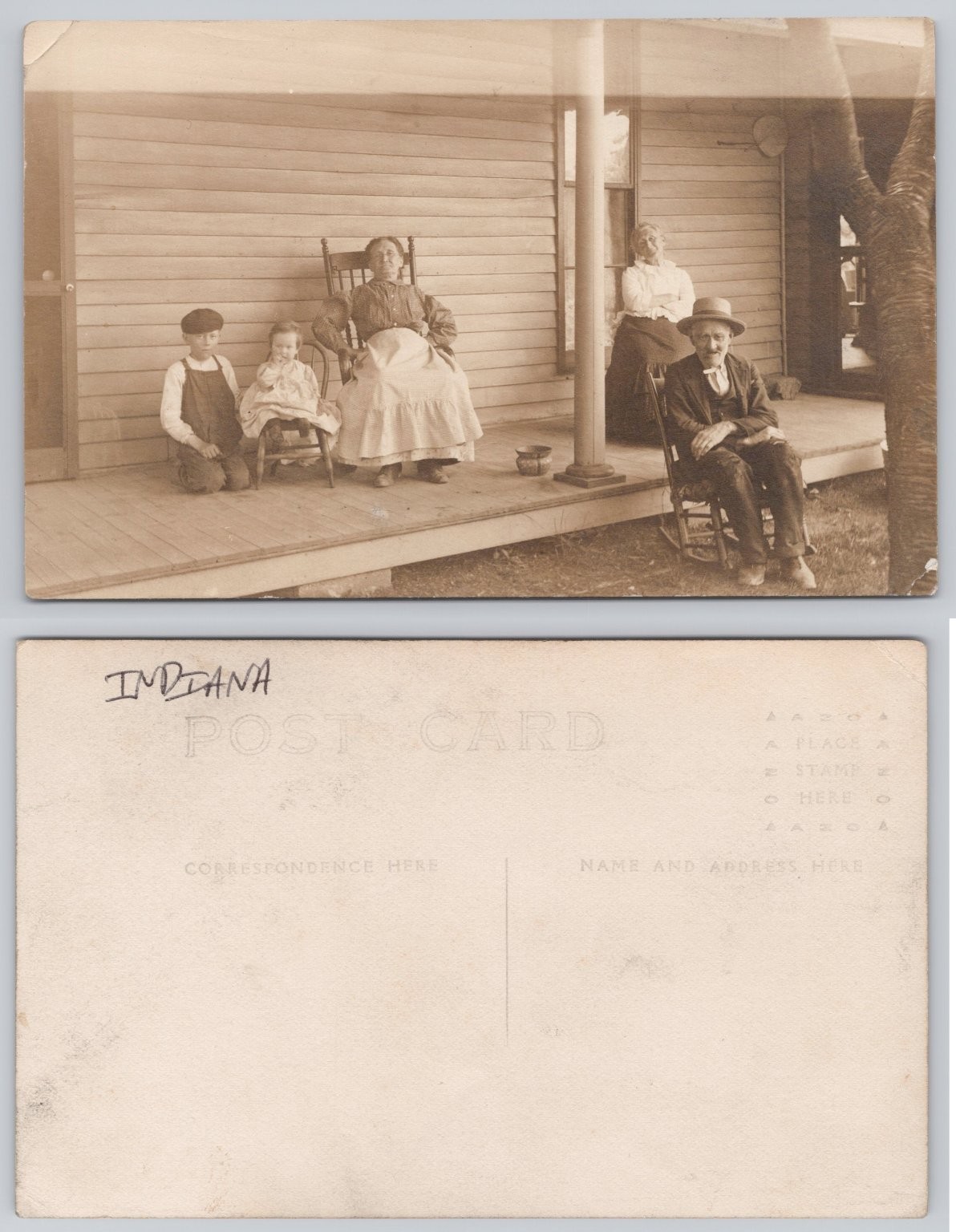 Vintage INDIANA RPPC Family Portrait on Porch Antique Postcard Vintage INDIANA RPPC Family Portrait on Porch Antique Postcard