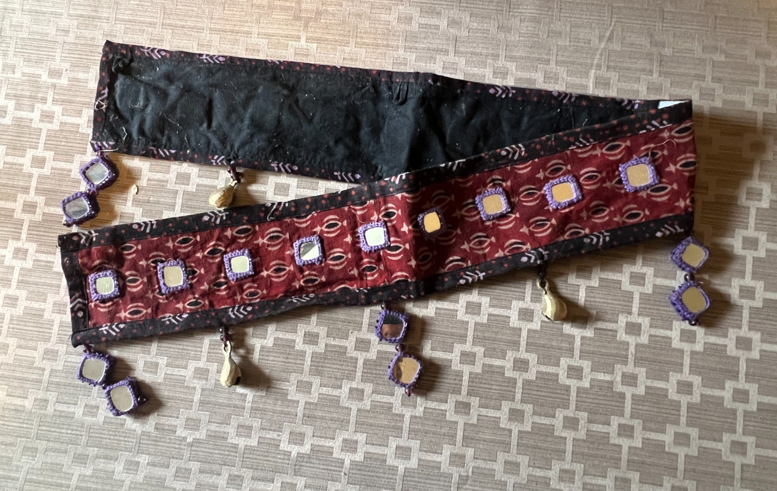 Vintage Kuchi Style Tribal Textile Panel Real Mirrors Brass Bells Dangles 39” Vintage Kuchi Style Tribal Textile Panel Real Mirrors Brass Bells Dangles 39”