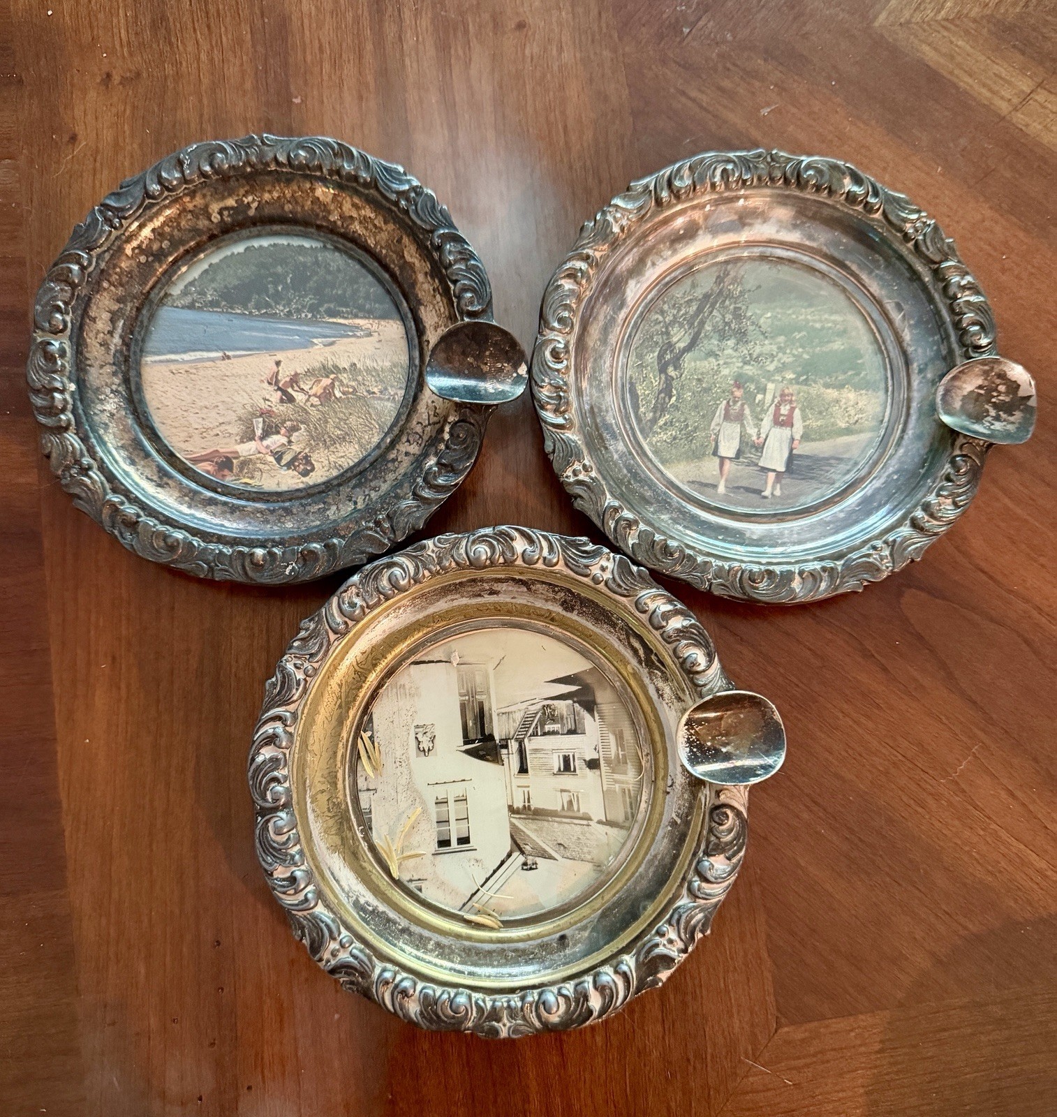 Vtg Silverplate Souvenir Coaster Ashtrays Set 3 Norwegian Scenery Beach 1960s