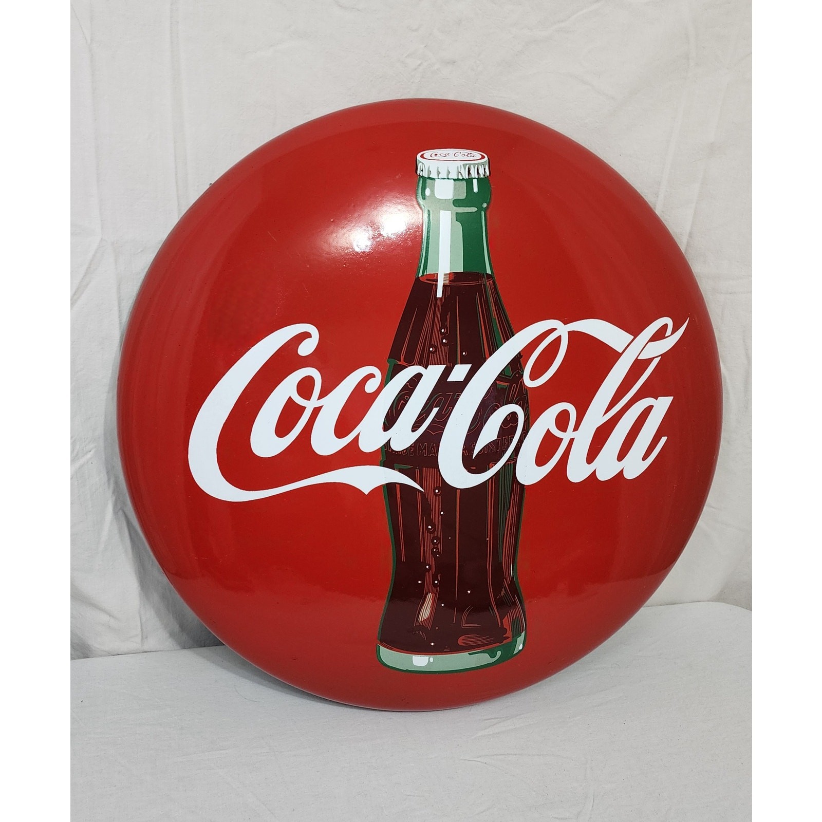 Vintage 1950s Coca Cola 24" Convex Metal Button Sign Original Bottle Advertising Vintage 1950s Coca Cola 24" Convex Metal Button Sign Original Bottle Advertising