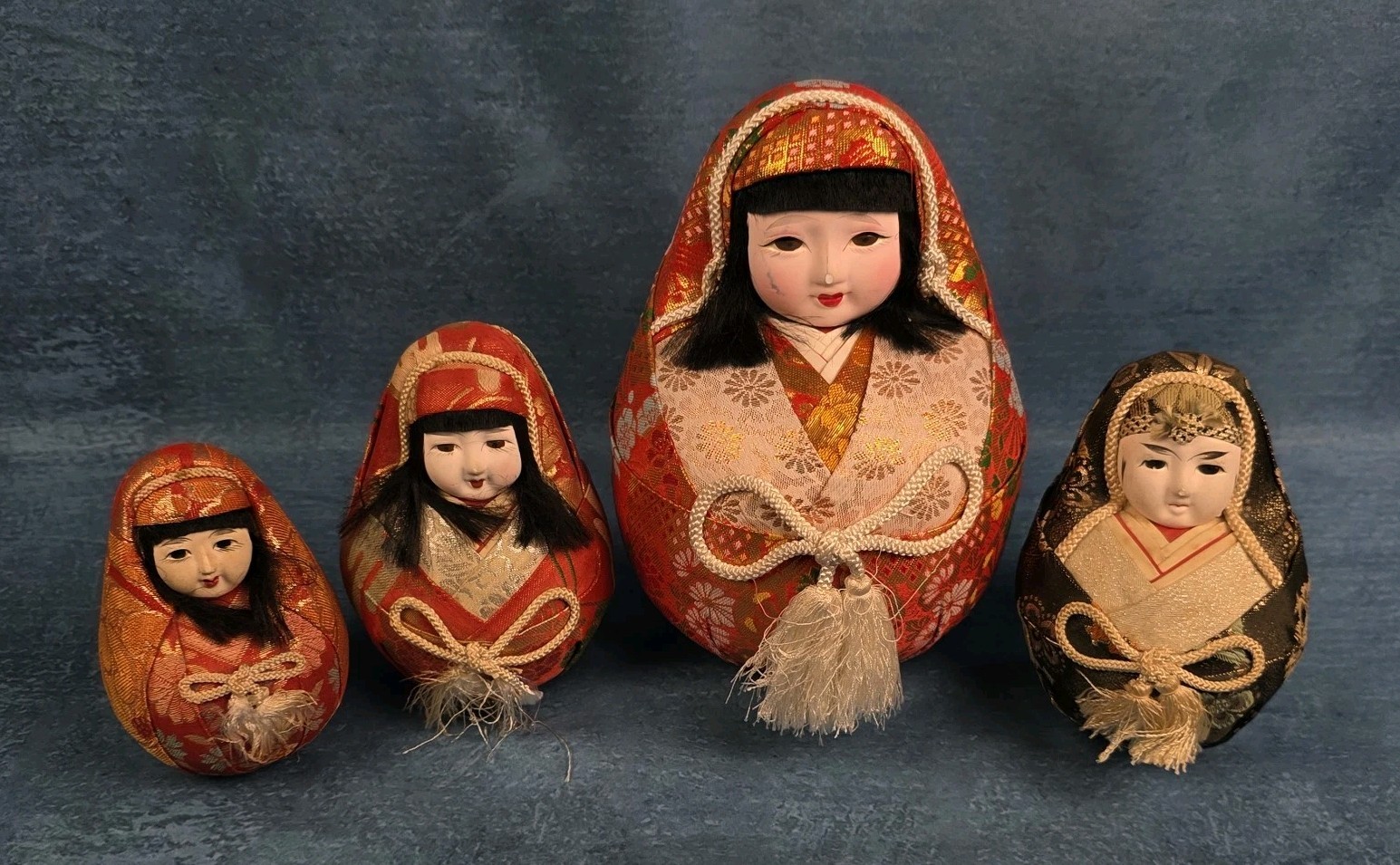 Vintage Japanese Hime Daruma Okiagari Koboshi Roly Poly Dolls Set of 4 Hand made Vintage Japanese Hime Daruma Okiagari Koboshi Roly Poly Dolls Set of 4 Hand made