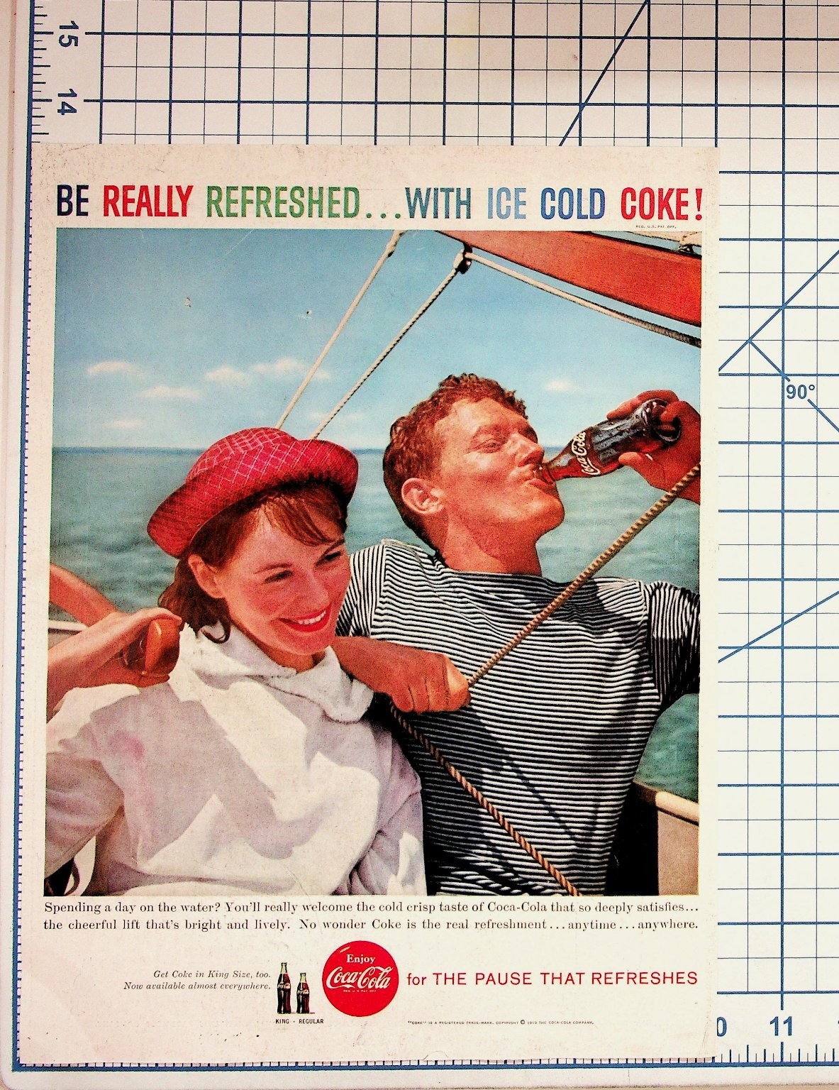 1959 Coca-Cola Magazine Ad - Sailing Couple, "Ice Cold Coke" Vintage Print
