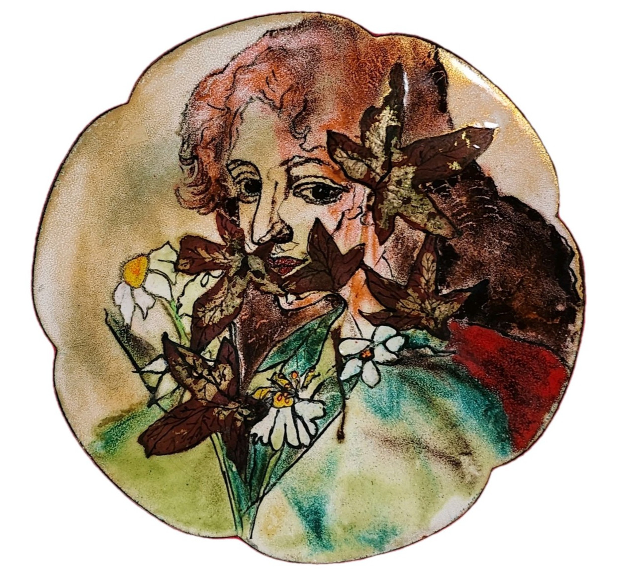 Art Nouveau Style Lady & Flower Enamel on Copper Plate Vintage Hand Painted 10"D Art Nouveau Style Lady & Flower Enamel on Copper Plate Vintage Hand Painted 10"D