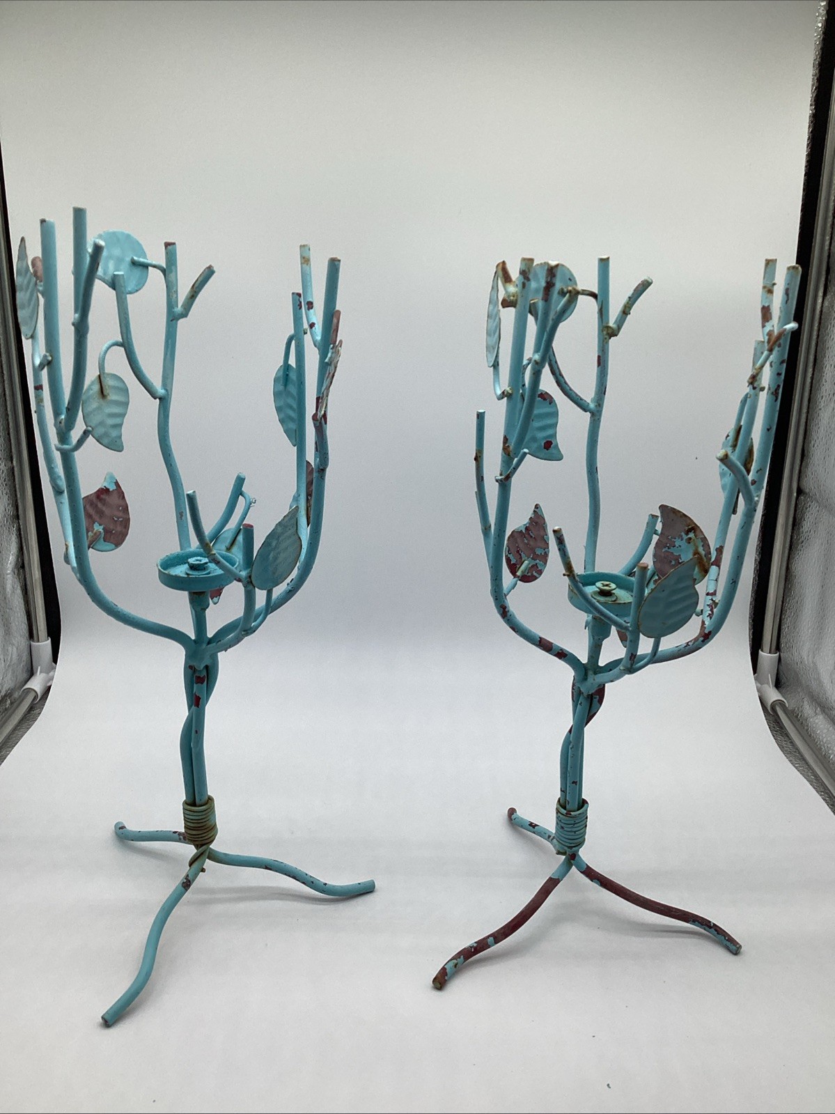 Vintage Pair Metal Tree Branch Rustic Blue Leaf Pillar Candle Holder Vintage Pair Metal Tree Branch Rustic Blue Leaf Pillar Candle Holder