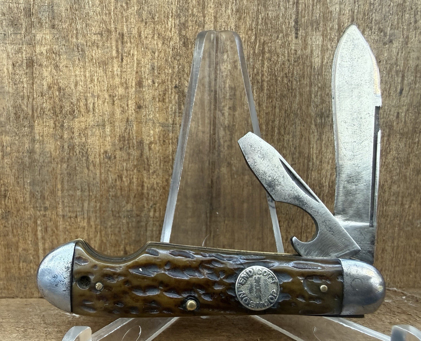 ANTIQUE REMINGTON UMC 3 3/8” ENDICOTT JOHNSON SHOES Advertising Knife Bone ANTIQUE REMINGTON UMC 3 3/8” ENDICOTT JOHNSON SHOES Advertising Knife Bone