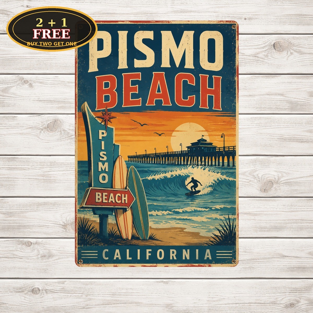 Pismo Beach California Surfing Metal Sign Retro Ocean Wave Wall Art Plaque Pismo Beach California Surfing Metal Sign Retro Ocean Wave Wall Art Plaque