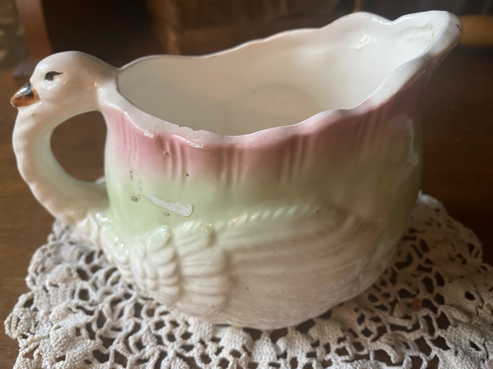 Vintage Japan White Green Pink Elegant Swan Ceramic Planter 1960s