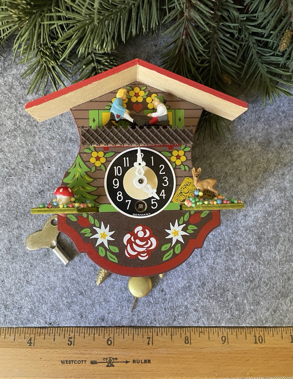 Vintage J. Engsiler Mini Swiss Chalet Clock Fawn, Mushroom, Seesaw Vintage J. Engsiler Mini Swiss Chalet Clock Fawn, Mushroom, Seesaw