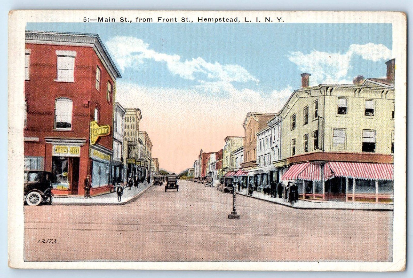 1940 Long Island New York Postcard Main St. Front St. Hempstead Store Shop Road