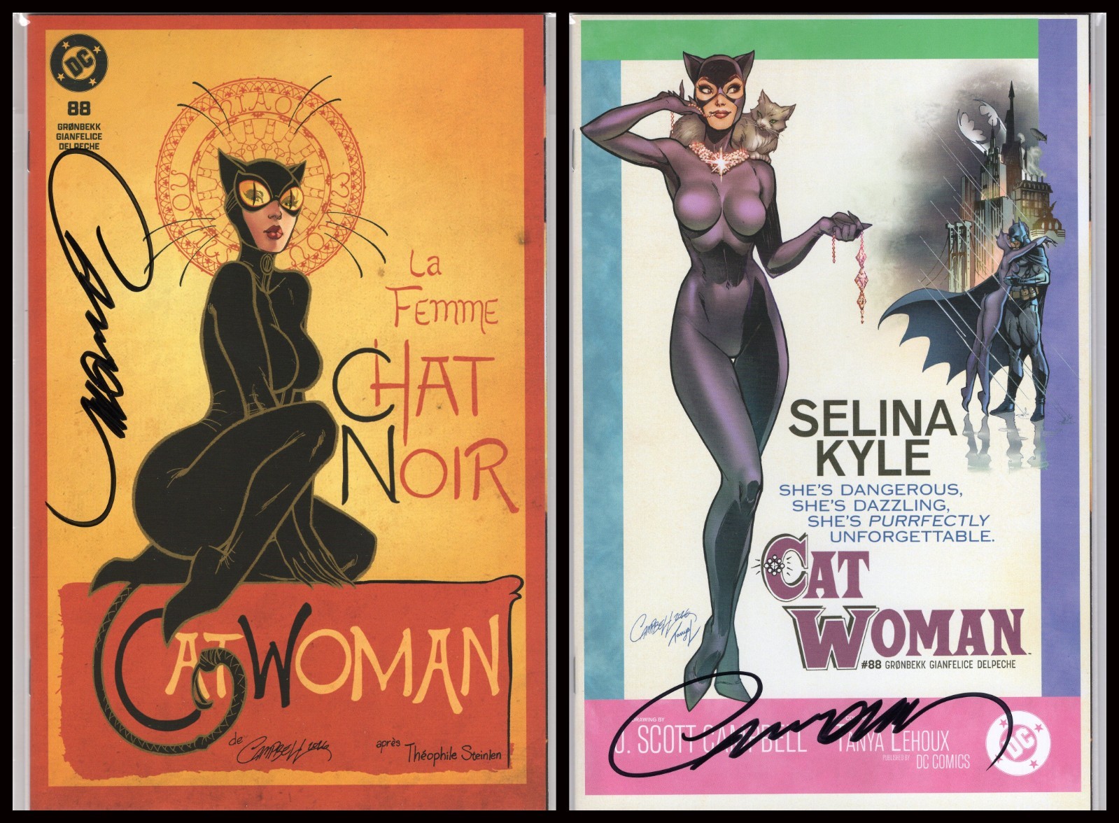 CATWOMAN #88 J. SCOTT CAMPBELL CHAT NOIR & BREAKFAST VARIANTS SET NM SIGNED COA CATWOMAN #88 J. SCOTT CAMPBELL CHAT NOIR & BREAKFAST VARIANTS SET NM SIGNED COA