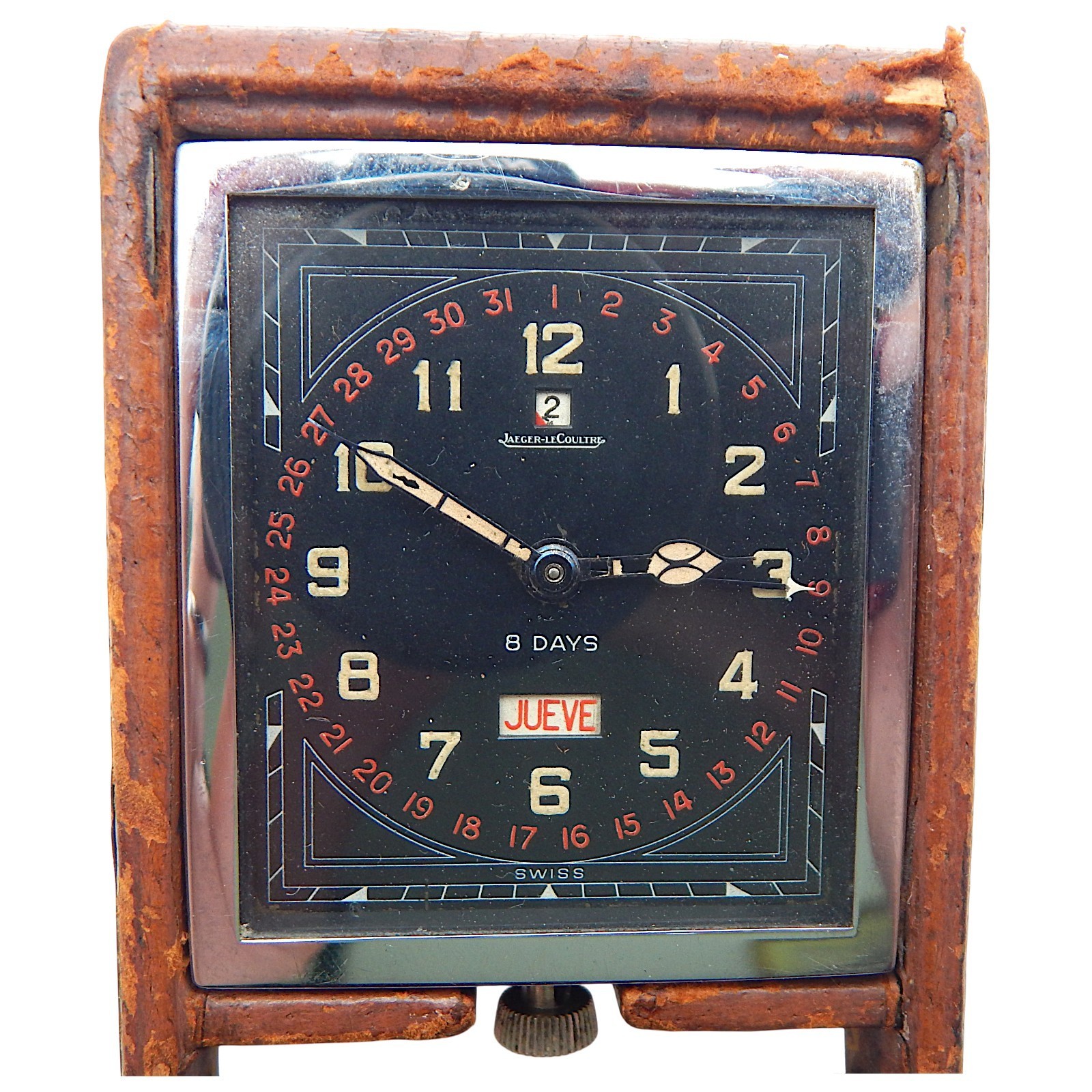 Jaeger-LeCoultre 8 Days Travel Clock Triple Calendar Art Deco Leather Case 1940s Jaeger-LeCoultre 8 Days Travel Clock Triple Calendar Art Deco Leather Case 1940s