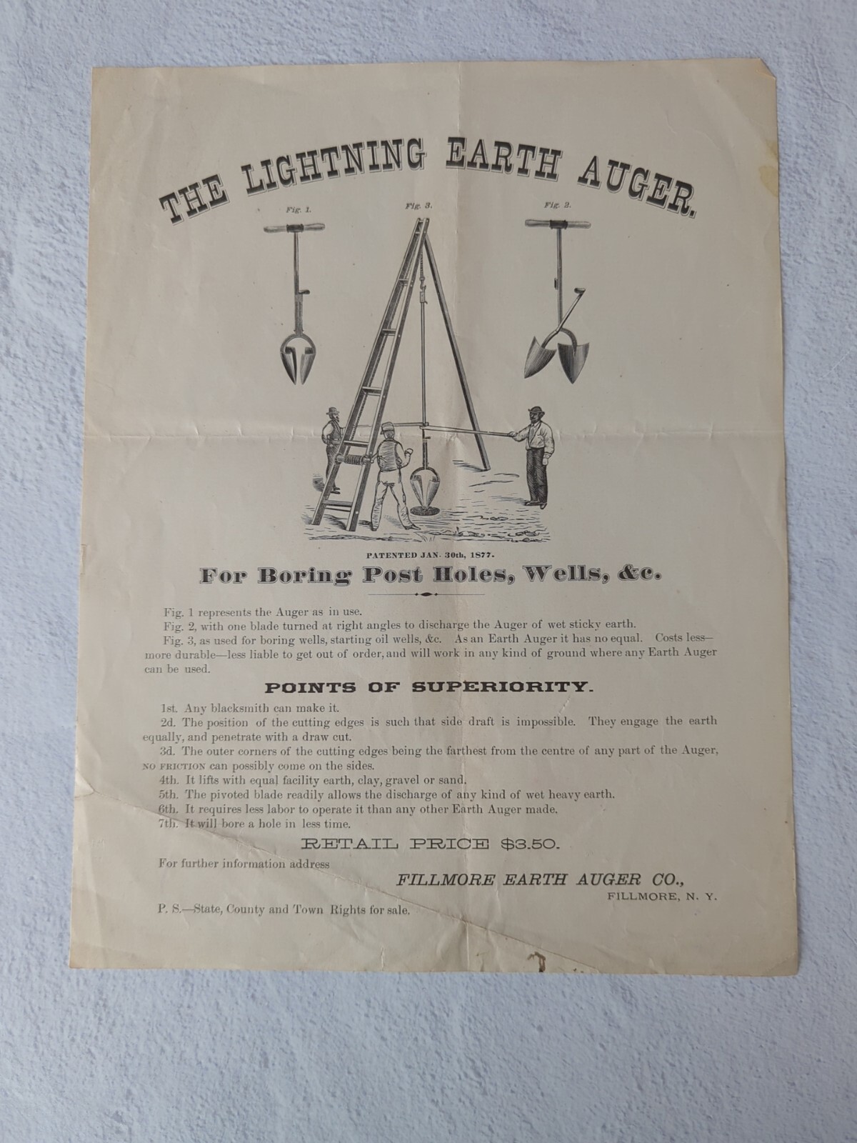 The Lightning Earth Auger Fillmore NY Broadside Advertisement, Post Holes, Wells The Lightning Earth Auger Fillmore NY Broadside Advertisement, Post Holes, Wells