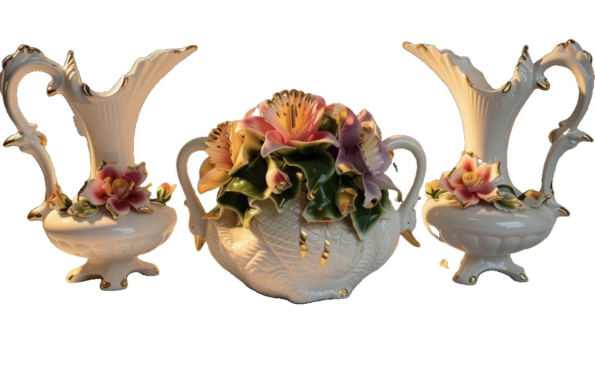 Vintage Capodimonte Porcelain 3-Piece Garniture Set Swan Centerpiece & 12" Ewers Vintage Capodimonte Porcelain 3-Piece Garniture Set Swan Centerpiece & 12" Ewers
