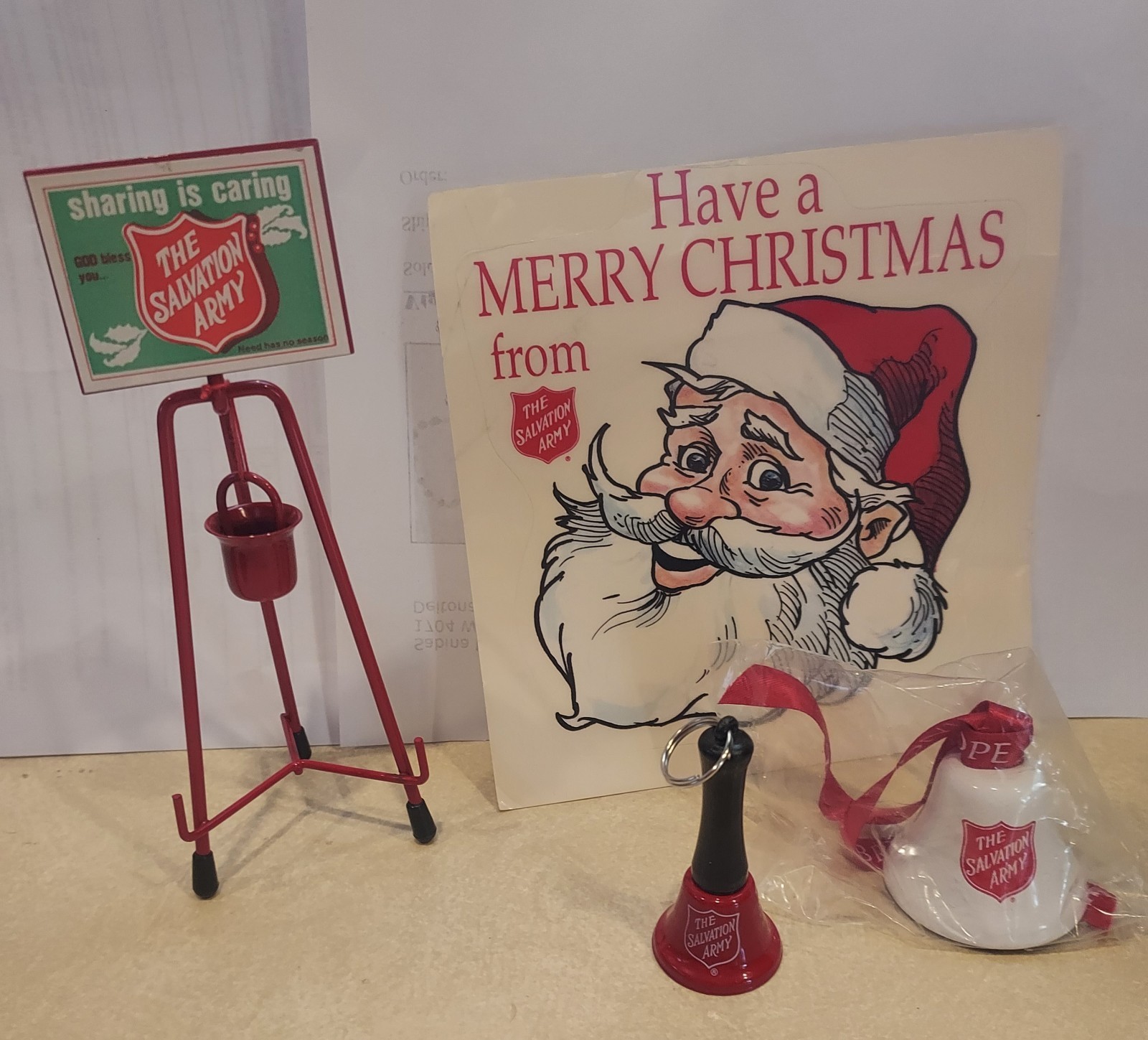VTG Salvation Army Xmas Lot,Mini Red Kettle & Stand, 2 Bells. Retro Santa Decal VTG Salvation Army Xmas Lot,Mini Red Kettle & Stand, 2 Bells. Retro Santa Decal