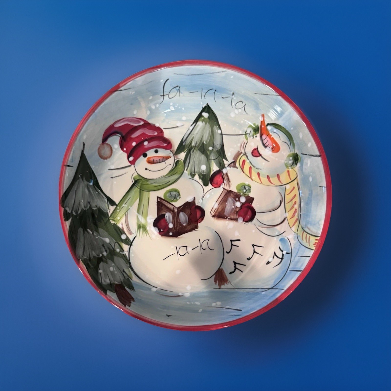 🎄Dillards Hand Painted Snowman Earthenware 12” Round Platter Christmas New