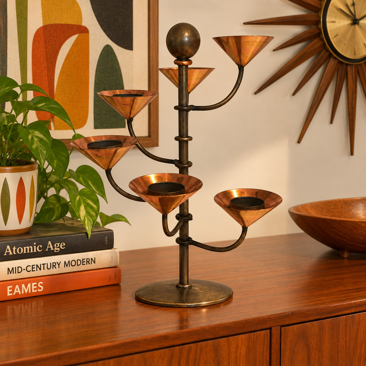 Vtg. MCM Danish Aristo 6 T-Lite Candle Copper & Metal Candelabra 15" Retro Vtg. MCM Danish Aristo 6 T-Lite Candle Copper & Metal Candelabra 15" Retro