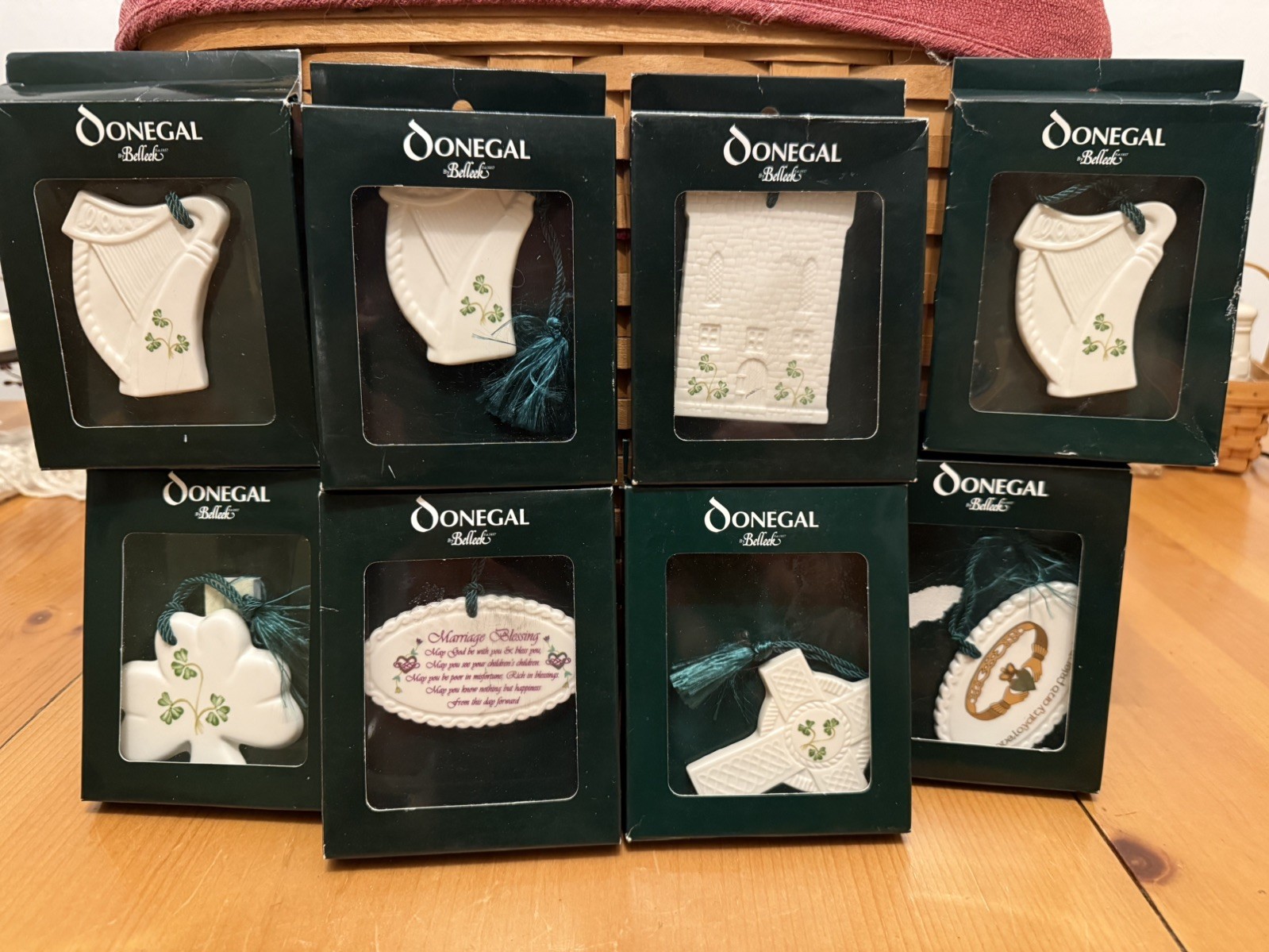 Donegal Belleek Ornament’s lot Harp, Shamrock, Celtic Cross, Castle new in box Donegal Belleek Ornament’s lot Harp, Shamrock, Celtic Cross, Castle new in box