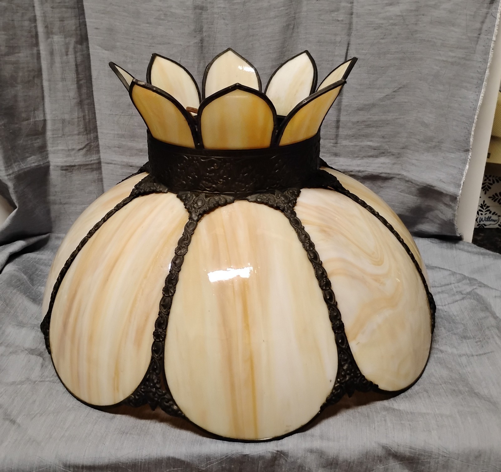 Vintage MCM Large Tulip Lotus Honey Caramel Slag Glass Hanging Lamp 8 Panel 17"