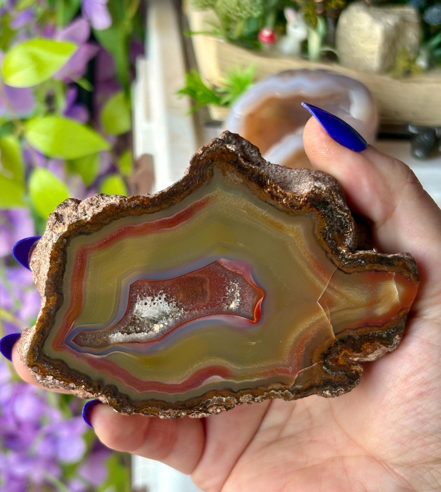 Large Argentina Agate, Polished Banded Agate Specimen with Crystal Pocket Large Argentina Agate, Polished Banded Agate Specimen with Crystal Pocket