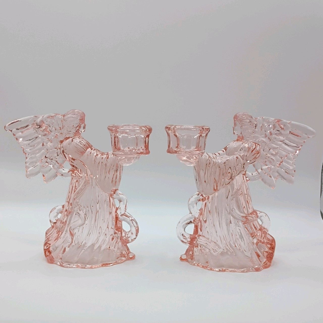 2 Vintage 80's 90's Rose Pink Glass Angel Candle Holders Mantle Decor Cute 5” 2 Vintage 80's 90's Rose Pink Glass Angel Candle Holders Mantle Decor Cute 5”